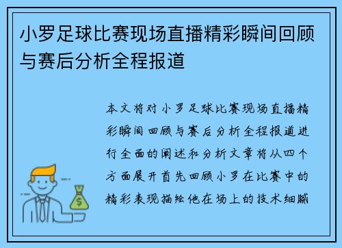 小罗足球比赛现场直播精彩瞬间回顾与赛后分析全程报道